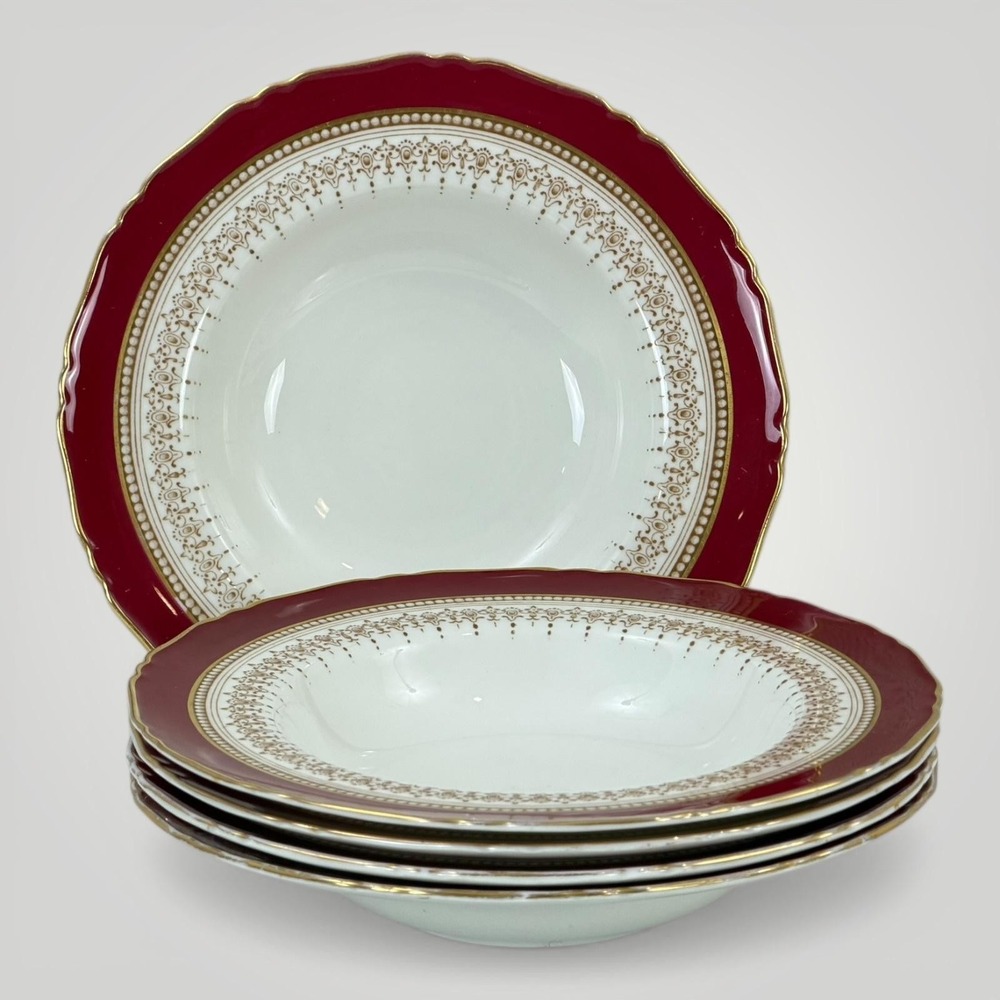 VTG Royal Worcester Regency Ruby‎ Rimmed Soup Bowl SET OF 5  8" Made in England